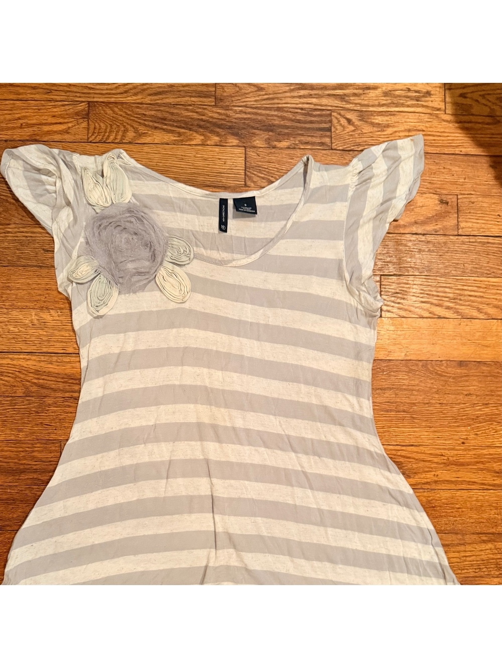 New Directions Striped Linen Rayon Blend Top with Floral Applique Size S